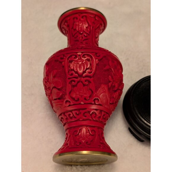 Hand-Carved Red Cinnabar Vase With Brass Lining & Black Base Stand Asian Decor - Picture 7 of 8